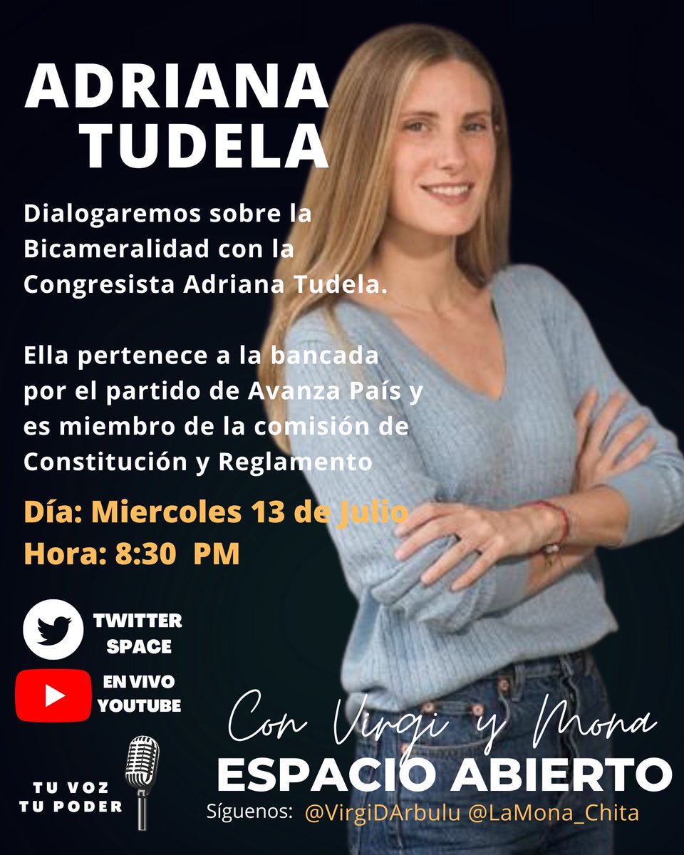LaMona_Chita's tweet photo. 🚨HOY🚨
#EspacioAbierto tiene el agrado de invitar a todos los tuiteros a la entrevista con la congresista Adriana Tudela. (@adrianatudelag)
En la segunda parte de la entrevista, pueden solicitar micro🎙️. 😊
#TuVozTuPoder
CC: @VirgiDArbulu https://t.co/OucNOV9ita