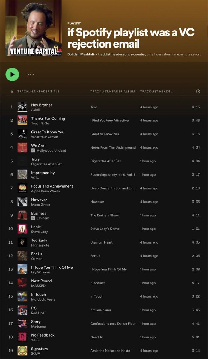 VCBrags's tweet photo. If Spotify playlist was a VC rejection email https://t.co/Qy5ECjQVPC