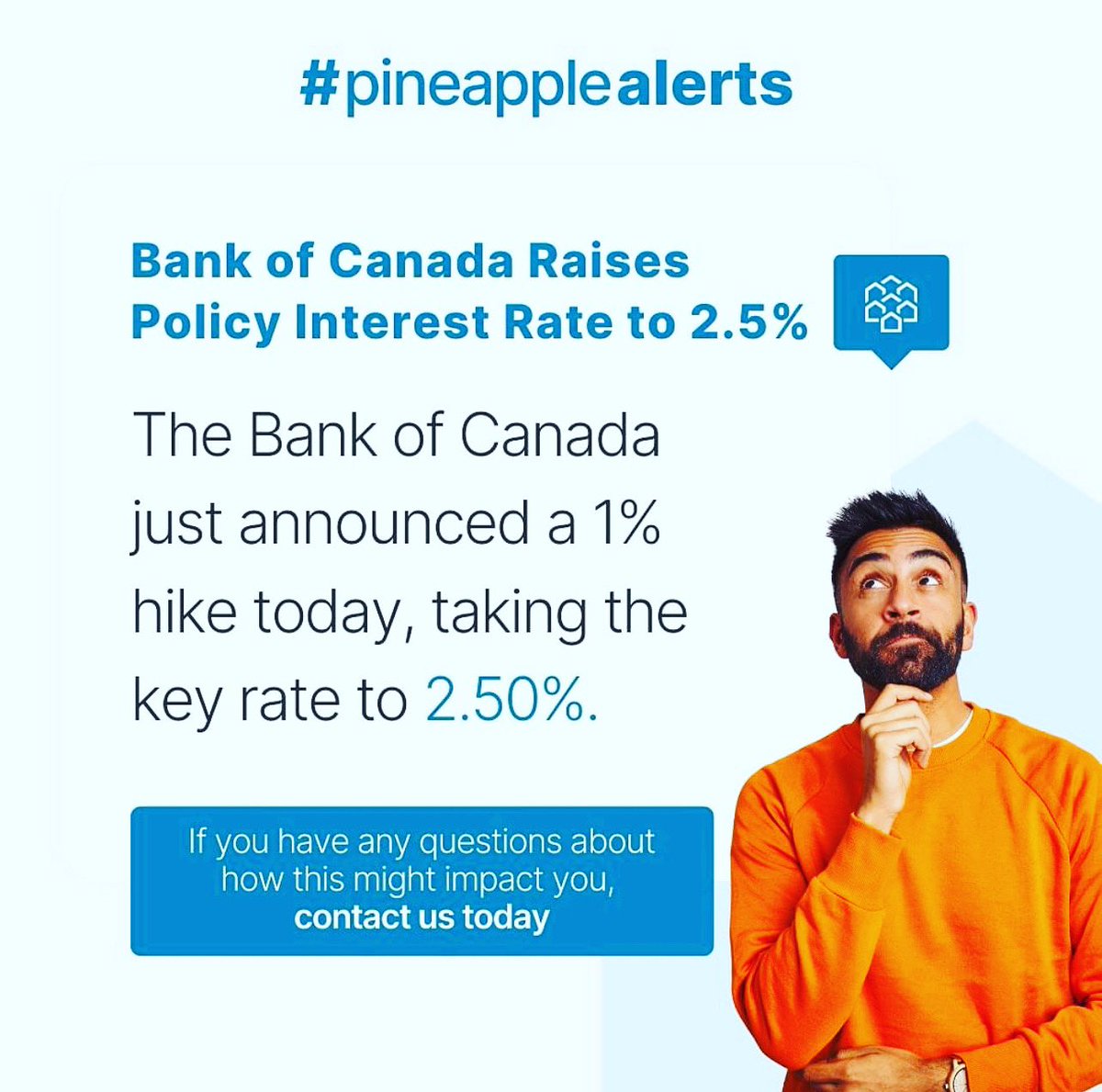 **BREAKING NEWS** Another rate hike was announced today.BOC hiked by 1%

#Pineapple #PineappleMortgage #GoPineapple #PlanwithPineapple #Mortgage #Mortgages #Canada #MortgageAgent #MortgageBroker #CanadaMortgages #CanadaHome #DreamHomes #IndustryProfessional #gauravkapoorcanada