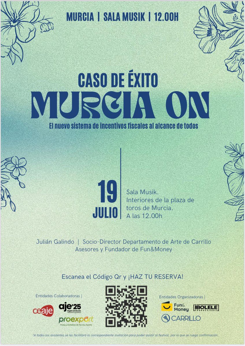 ¿Quieres aprender cómo reducir tu factura fiscal invirtiendo en proyectos culturales? Vente el 19 de julio a la Sala Musik de Murcia y disfruta de la experiencia con Carlos Vives. <a href="/perguimaky/">Macarena Perona</a> by @carrilloSLP 

Además traen a  #murcia a <a href="/carlosvives/">Carlos Vives</a> 
Para inscribirte escanea 👇