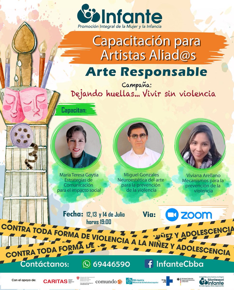 BoliviaInfante's tweet photo. Campaña: Dejando huellas… Vivir sin violencia.
La 7ma versión está dedicada a la composición de obras para la prevención de la violencia a la Niñez y la Adolescencia.
JORNADAS DE CAPACITACIÓN A ARTISTAS ALIAD@S 
#aristas #Arte #artista https://t.co/TmNrVH2rlU