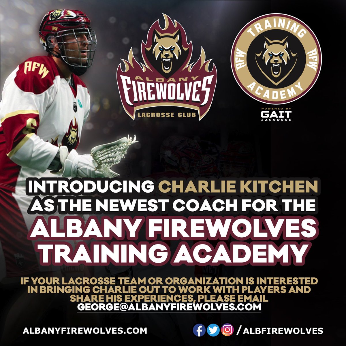 Albany FireWolves Lacrosse Club (@albfirewolves) on Twitter photo Interested in having Charlie out to work with your local youth organization? Contact George@AlbanyFireWolves.com for more information now! 🔥🐺 Interested in having Charlie out to work with your local youth organization? Contact George@AlbanyFireWolves.com for more information now! 🔥🐺