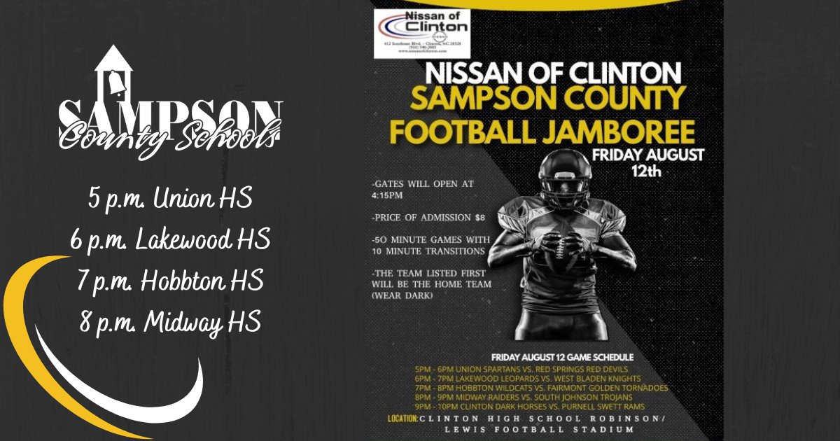 SampsonSchools's tweet photo. Save the Date: Friday, August 12, under the lights! #SCSYes https://t.co/tV6TS1gcDo