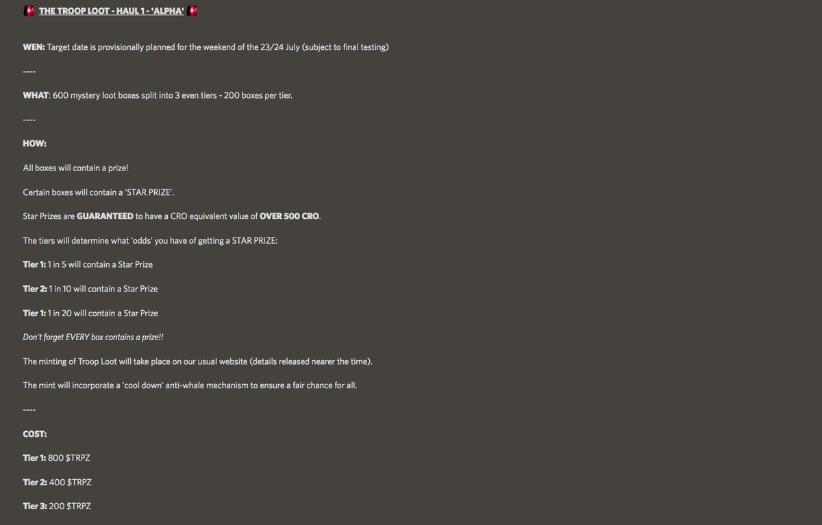 @trooprzarmy
 
A big 'Troop Loot' update and some cool 'alpha' just announced in the discord - make sure to check it out. 

Some infographics will follow on Twitter.

disocrd.gg/trooprz

#troopz #trooploot #Cro #CroFam #NFTs #NFTCommunity