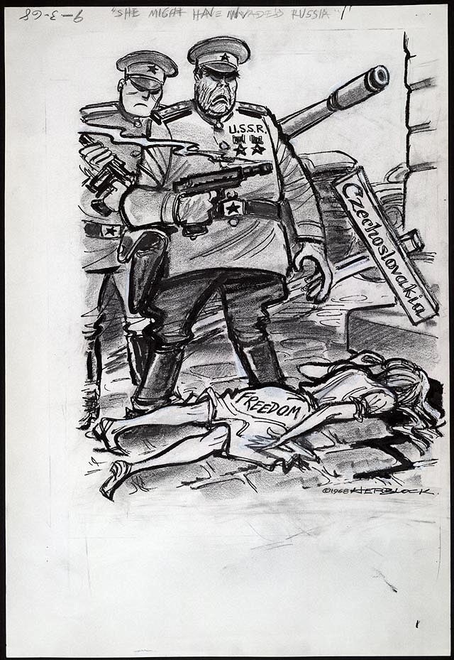 adagamov's tweet photo. Брежнев над убитой свободой: "Она могла вторгнуться в Россию"(She might have invaded Russia). Если поменять надпись на табличке с "Чехословакия" на "Украина", будет актуальная карикатура.

Автор: Herbert Block/Washington Post, 03.09.1968
Library of Congress Prints and Photographs https://t.co/8O3A2PkrDy