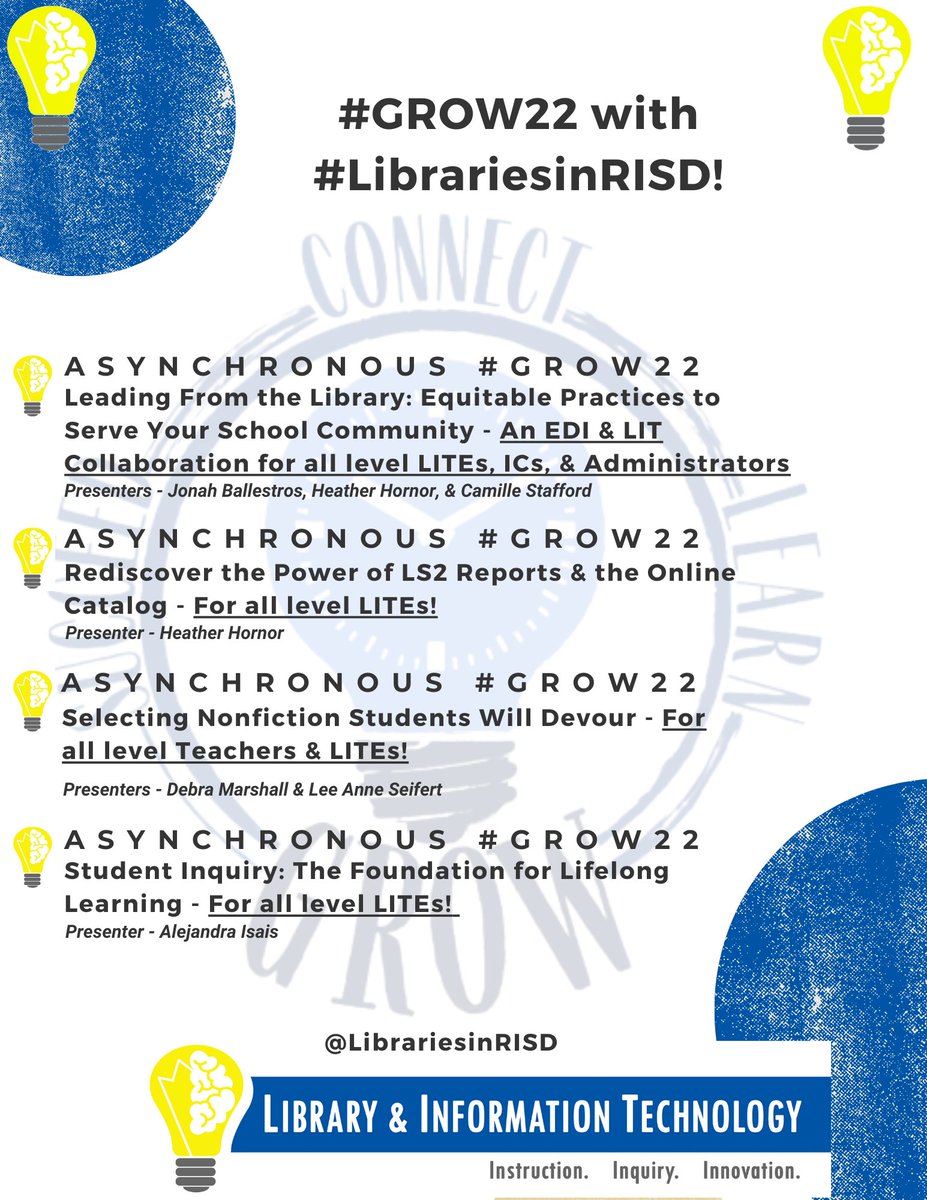 LIBRARIESinRISD's tweet image. Only 1.5 more weeks to take these #GROW22 sessions, #RISD Educators 🥳! Our LITEs are #RISDGreatness!! #LibrariesinRISD