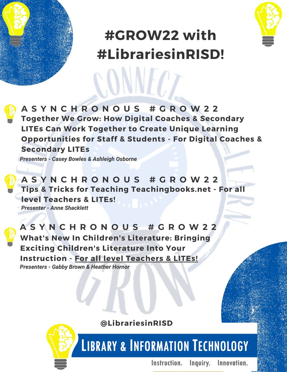 LIBRARIESinRISD's tweet image. Only 1.5 more weeks to take these #GROW22 sessions, #RISD Educators 🥳! Our LITEs are #RISDGreatness!! #LibrariesinRISD
