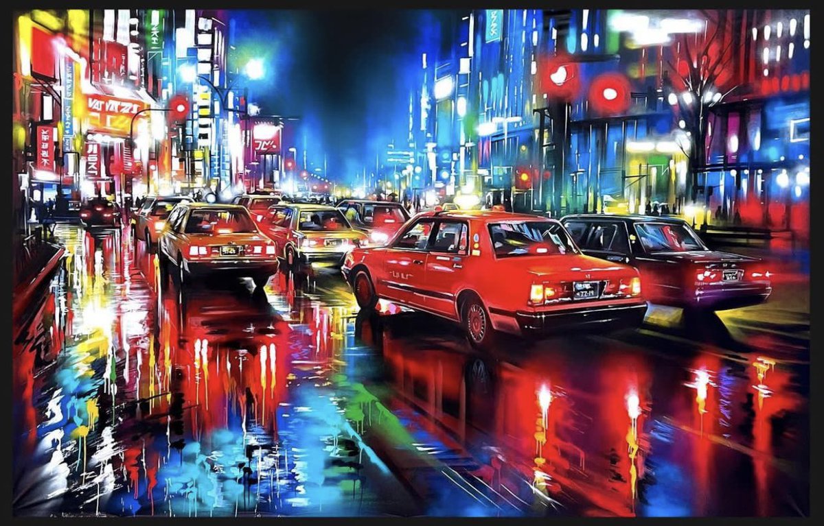 DanKitchener's tweet photo. ‘Rush Hour’ - original painting on canvas - this is a large painting, I love painting large scale works on canvas - has the feel and flow of my mural works - Tokyo traffic jams in the rain, high saturated neon colours https://t.co/IrtcnEVW4E