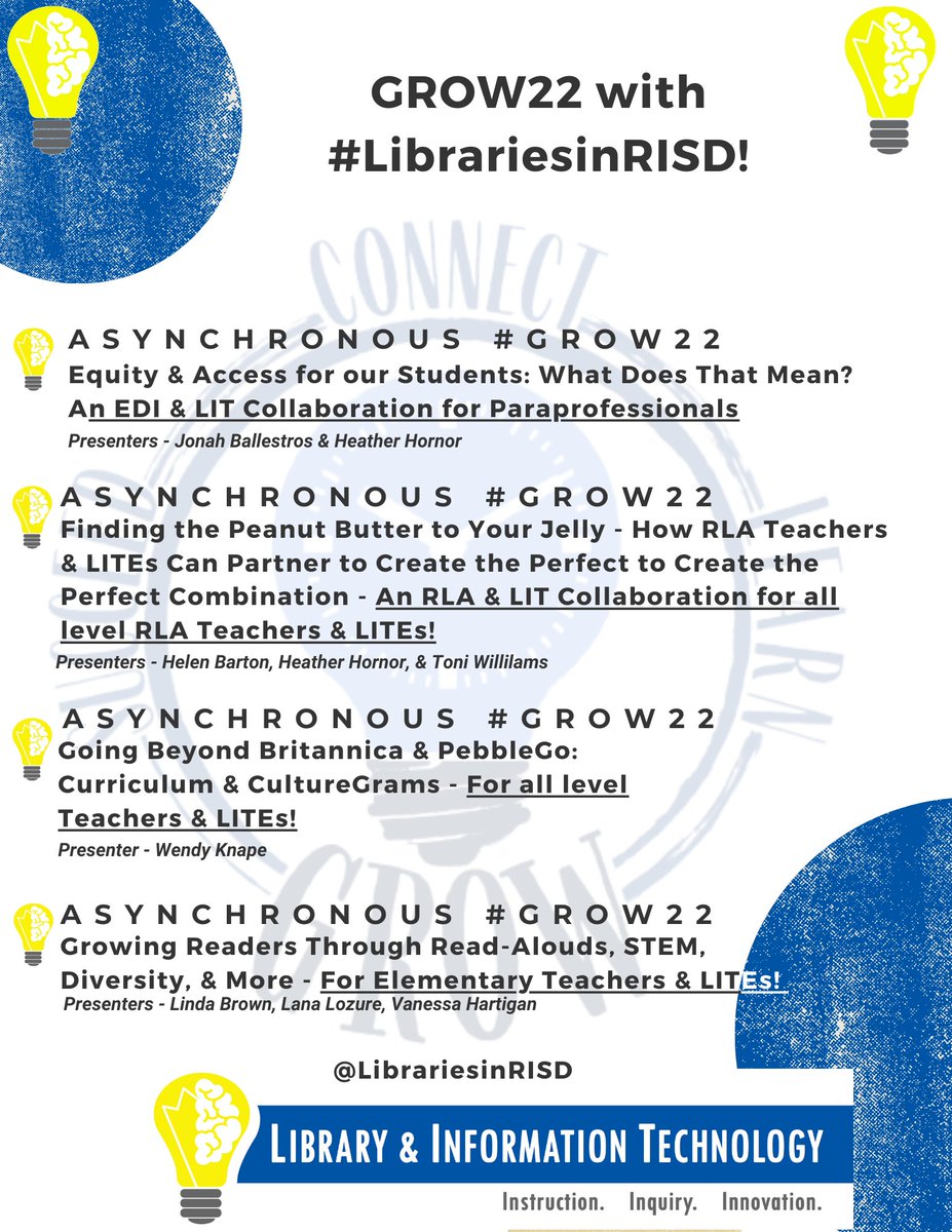 LIBRARIESinRISD's tweet image. It's October and you only have two more months to take advantage of these #GROW22 sessions! Come check out these ah-mazing sessions for #RISD LITEs for all sorts of educators! #LibrariesinRISD #RISDGreatness