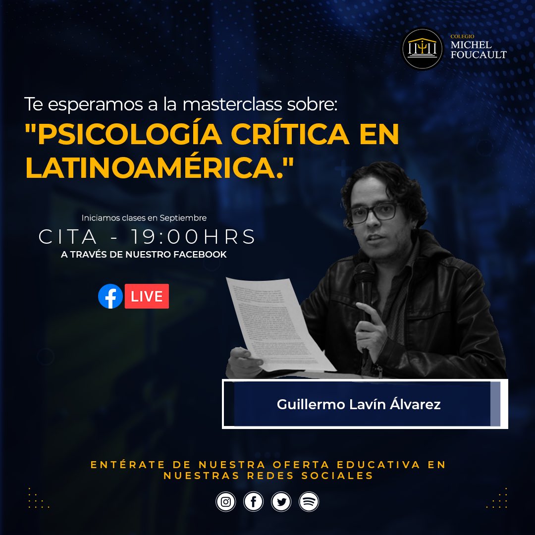 ColegioFoucault's tweet photo. ¿Qué es la #PsicologíaCrítica? y ¿Qué aproximaciones tenemos desde #Latinoamérica?
¡Te esperamos en nuestra masterclass de la #Maestría en Teoría Crítica en Psicología y Estudios Estructurales!
¡19:00 horas!
https://t.co/x74WbOAKwg
#Crítica #Política #Poética #CMF #Posgrados https://t.co/IqQZXB0idc