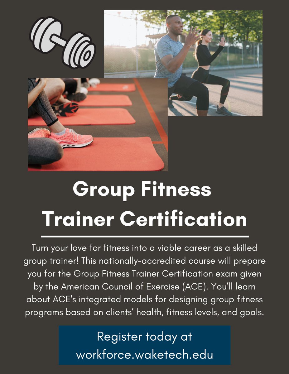 WakeTechWCE's tweet photo. Want to turn your passion for fitness into a rewarding career? Register for our Group Fitness Trainer Certification course, which will prepare you to take the @acefitness group trainer certification exam! https://t.co/j1Dyo9yqpL
#Fitness #GroupTrainer #GroupTraining https://t.co/t8NyV9WdQc
