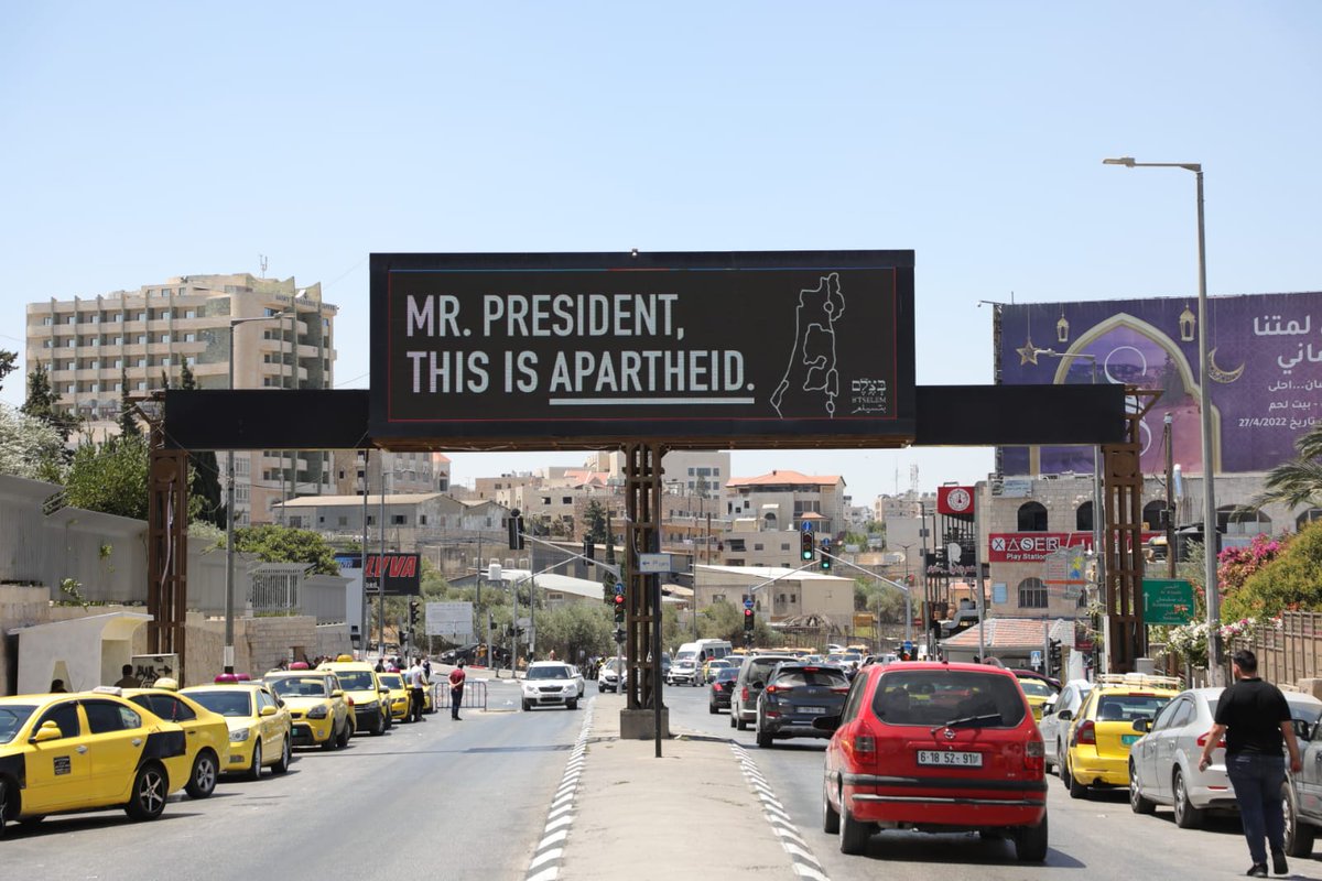 "President Biden, this is apartheid"..

B'Tselem put up banners saying 'President Biden, This is apartheid' in the streets of Ramallah and Bethlehem, ahead of Biden's visit to apartheid Israel.