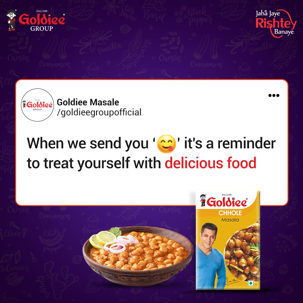 GoldieeGroup's tweet photo. Sending you lots of 😋😋😋 as a reminder!

Order your pack of Goldiee Chhole Masala now. 
https://t.co/Y6fKIjEszM
.
.
.
#GoldieeMasale #GoldieeGroup #GolideeSpices #JahaJayeRishteyBanaye #chole #TopicalTrend #MomentMarketing #LatestTrend #SocialMediaMarketing #marketing https://t.co/927b5AAL0V