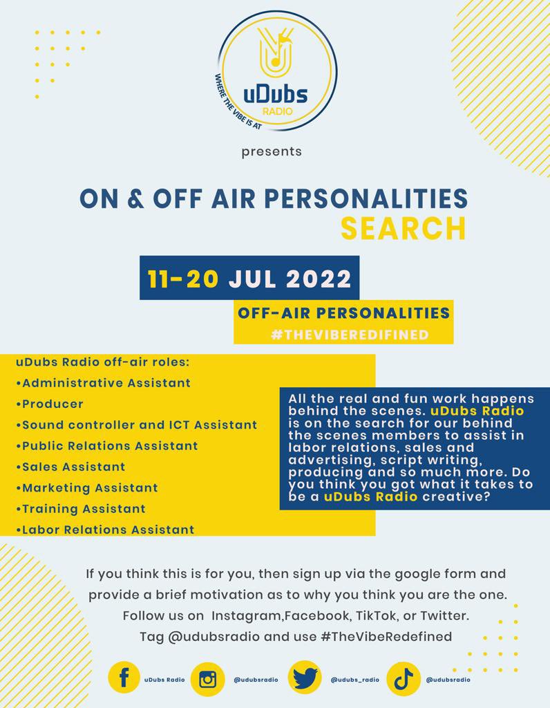 uDubs_Radio's tweet photo. Off air personalities๐ฃ
Itโs your time to shine at uDubs Radio. Need a home that will nurture and develop your creative skills? Look no further because we got you!
#Auditions22 #udubsradio #TheVibeRedefined https://t.co/SYsc2v3Jhk