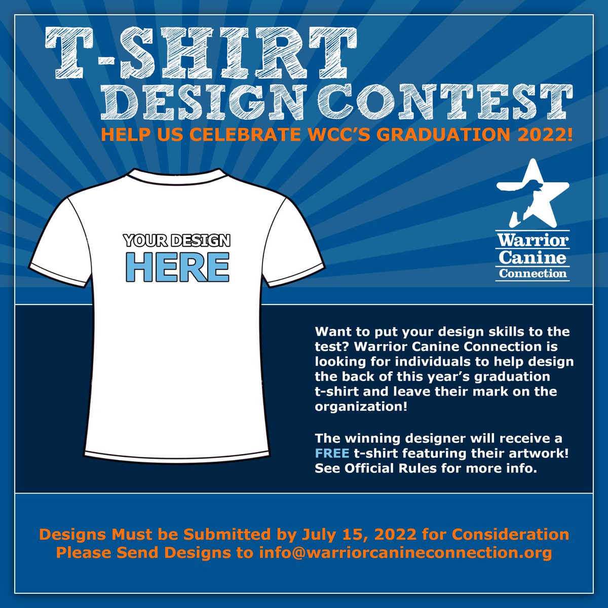 Warrior Canine Connection on X: WCC's 2022 Graduation T-Shirt Design  Contest is Here! The contest is open to everyone and the winner will  receive a FREE t-shirt featuring their artwork and bragging