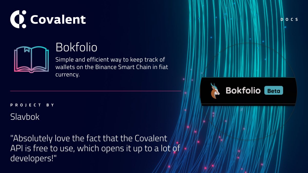 CovalentGerman's tweet photo. Lernt unsere weiteren Partner kennen!

🥁@SpringbokCrypto - Bokfolio, der beste Wallet-Tracker auf -#BSC 

#CovalentAPI wurde für den Abruf mehrerer Schlüsselinformationen verwendet:
⚪️Token Balance 
🔴Transaktionen 

#web3 #dApps #BinanceSmartChain #UnifiedAPI https://t.co/bFVm9M5VWy