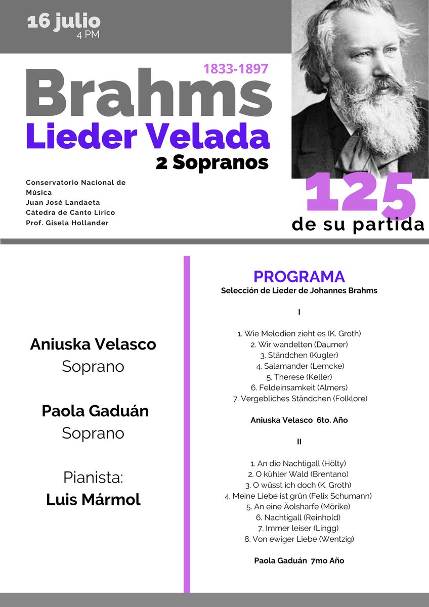 #invitacion Sab 16/07 4:00 pm. Recital de entrada libre en nuestra sede de Chuao. Para Brahms Música de Cámara a los 125 años de su partida.