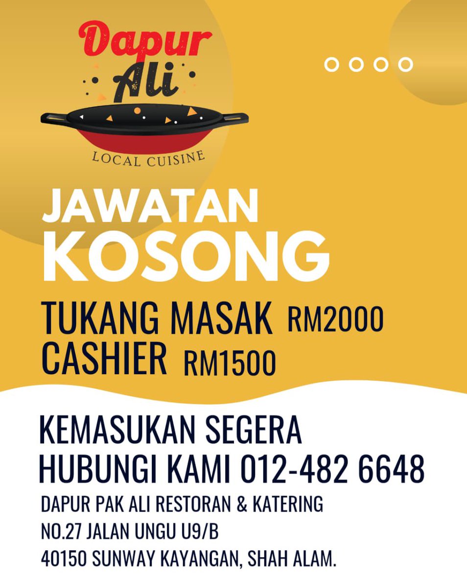 izaizz86's tweet photo. Looking for Kerja kosong? 
📌Jawatan kosong segera‼️
Kerja kosong Shah alam
terletak di Sunway Kayangan.
Kerja kosong berdekatan bukit jelutong. Cari Kerja? Kerja Cashier, Kerja Tukang Masak diperlukan
#jawatankosongshahalam #jawatankosongbukitjelutong #kerjakosongshahalam https://t.co/G1TCXgcr7f