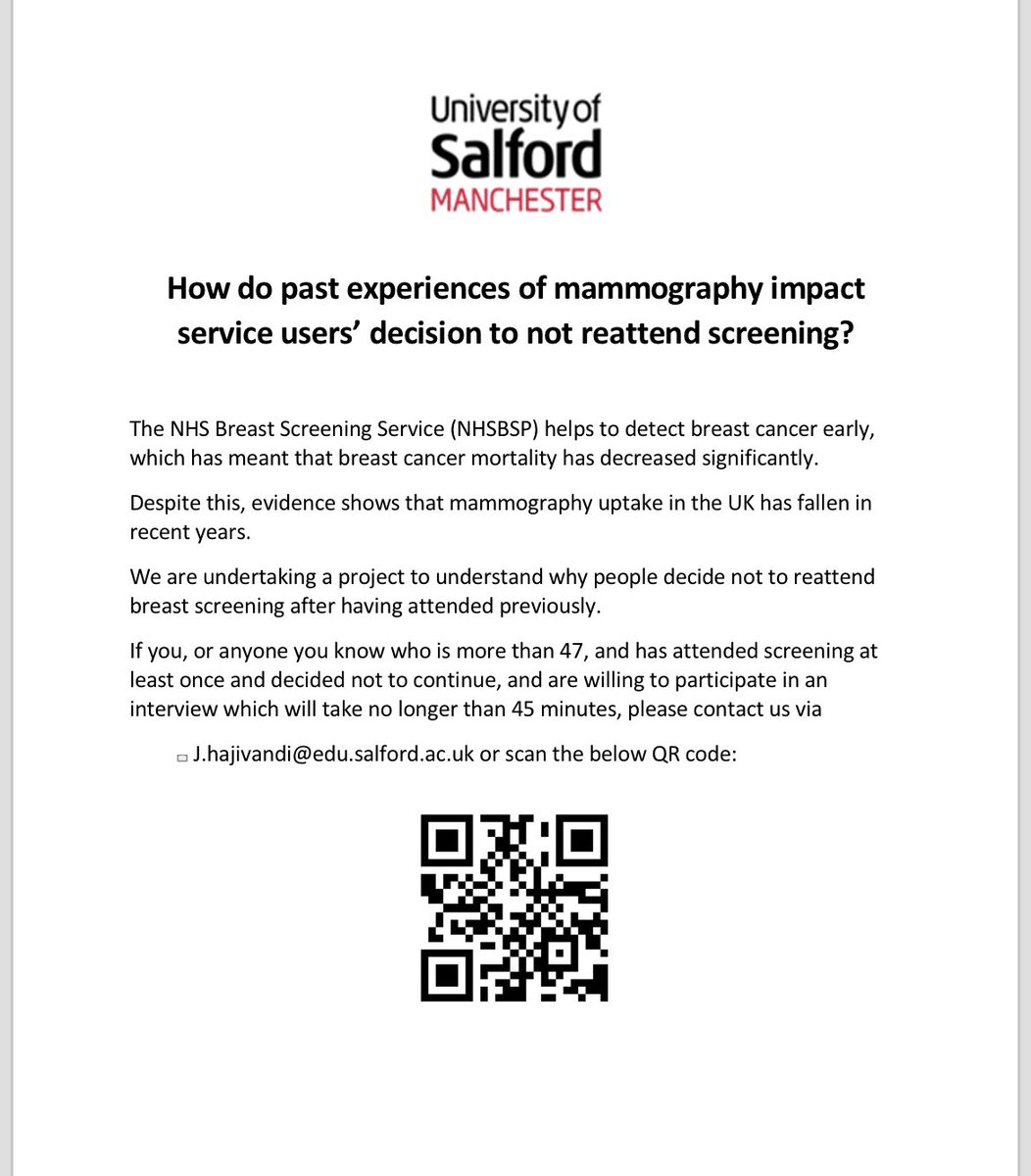 #breastcancer #breastscreening #research #publichealth #womenshealth #radiography <a href="/salfordrads/">Salford Radiography</a> <a href="/SalfordPH/">Salford PublicHealth</a> please consider getting involved in this research if you fit the criteria below