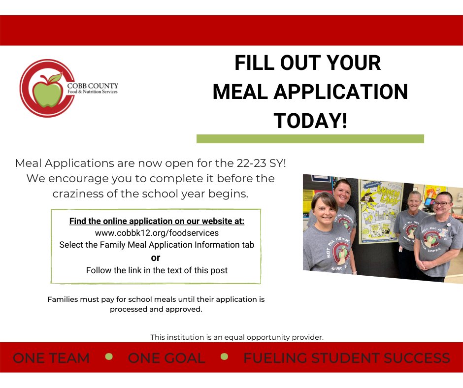 Meal Applications are now open for the 22-23 SY!👍
 
We encourage you to complete it before the craziness of the school year begins.😃

Fill out our online meal application at ow.ly/EMIx50JR2G4