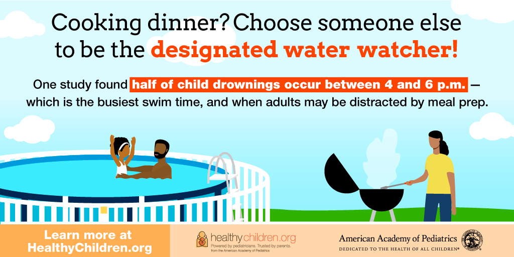 AmerAcadPeds's tweet photo. Families should remember to choose an adult to be the designated water watcher while you’re cooking dinner or doing other activities.  More #DrowningPrevention tips from @healthychildren here: https://t.co/ifLwWVfqdx https://t.co/rS1qWKcbdE