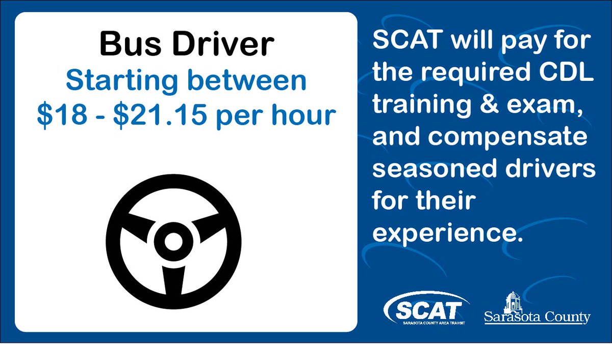 SRQCountyGov's tweet image. SCAT is now hiring at higher wages! Driver, maintenance, dispatch, and attendant positions available. Apply at scgov.net/jobs. #SRQCountyTransit