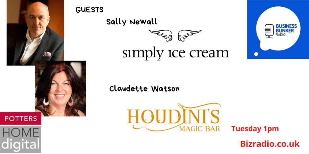 Joining me &amp; <a href="/julesserkin/">jules serkin</a> on next weeks #BBunker Radio Show our guests are 

Sally Newall <a href="/SimplyIceCream/">Simply Ice Cream</a> 

Claudette Watson <a href="/BarHoudinis/">Houdini's Magic Bar</a> 

Show sponsor <a href="/PottersHD/">Potters Home Digital</a> 

All the details here ==> bizradio.co.uk