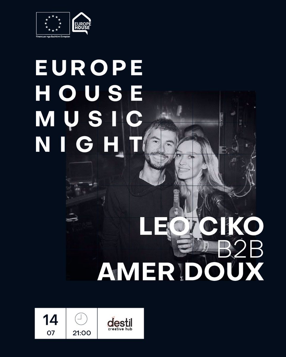 EUinAlbania's tweet photo. Europe House Music Night returns this Thursday at 📍#Destil with a back-to-back between Leo Ciko 🎧 & Amer Doux 🎧.
You are welcome to join us from ⏰21:00, scan the QR code, answer the #EU🇪🇺 quiz correctly and have fun while enjoying the fantastic music that awaits you😉. https://t.co/wy5e5rMonm