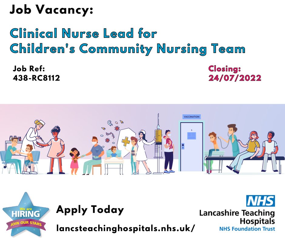 Job Vacancy: #ClinicalNurse Lead for Children's Community Nursing Team <a href="/LancsHospitals/">Chorley & Royal Preston</a> 

⏰ Closes: 24/07/22

Read more and apply: bit.ly/3c8oPIF

#NHS #NHSjobs #CommunityNursingTeam #ChildrensNurse #Lancashire #LancashireJobs #Preston #Chorley #Leyland #SouthRibble