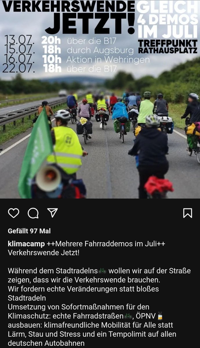 Klimacamp_aux's tweet image. Heute Abend ist die erste der drei Fahrraddemos im Juli. verkehrswende-augsburg.de Während des "Stadtradelns🚲" wollen wir auf der Straße zeigen, dass wir die Verkehrswende brauchen. Klimafreundliche Mobilität für Alle statt Lärm, Stau und Stress. #bluecityaugsburg