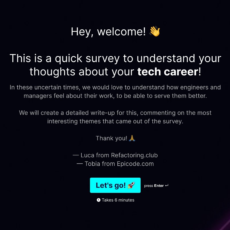 lucaronin's tweet photo. 🗳️ We are running a survey about "The State of Engineering Careers"

🔍 We want to uncover how engineers think about their career today.

📑 We will create detailed commentary on the survey results, and it will be available for free to everybody.

🙏 Take the 5-mins survey below!