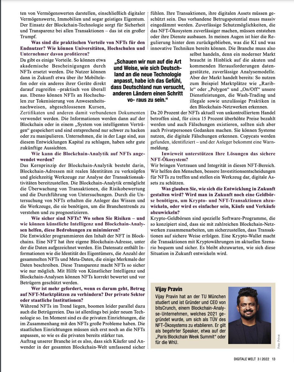 bitsCrunch's tweet photo. Bitscrunch has been featured and covered worldwide in media.
You can find us mentioned in the latest issue of @digitaleweltmag magazine on Pages 12 & 13 with @VijayPravinM interview. Grab a copy if you are in Germany.
#NFT #NFTPolice #EcosystemGuardians https://t.co/s0rOOFz0XF