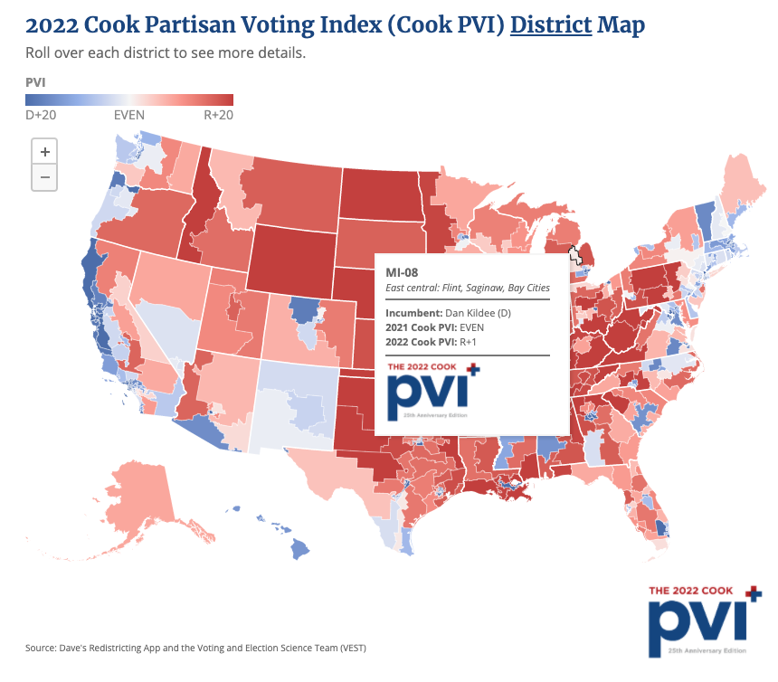 Redistrict's tweet photo. Left: the original, hard-copy Cook PVI devised by @CharlieCookDC, published in 1997. Right: our interactive 2022 Cook PVI℠ map (median district: Rep. Dan Kildee's (D) #MI08). Full report: https://t.co/AffIOzAvbV https://t.co/yxuDkcK5Qp
