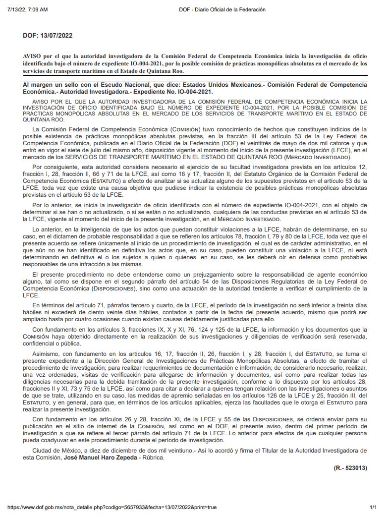 #CofeceEnElDOF 📜Aviso por el que la autoridad investigadora inicia la investigación de oficio IO-004-2021, por la posible comisión de prácticas monopólicas absolutas en el mercado de los servicios de transporte marítimo en el Estado de #QuintanaRoo ➡️ bit.ly/3yFcaEM