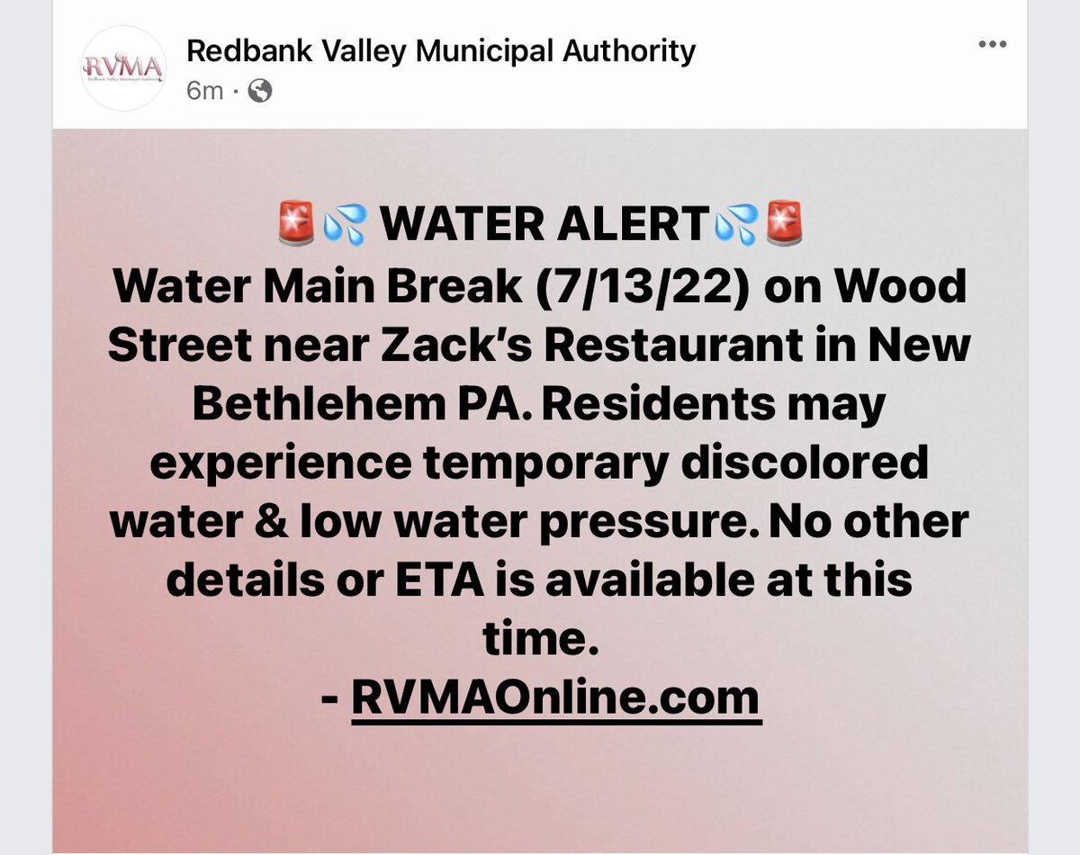 GordonBarrows's tweet photo. 🚨💦 WATER ALERT💦🚨 Water Main Break (7/13/22) on Wood Street near Zack’s Restaurant in New Bethlehem PA. Residents may experience temporary discolored water & low water pressure. No details are available. -RVMAOnline.com
#Alert #Water #Break #RVMA #NewBethlehem #RedbankValley https://t.co/A9IVIG0a67