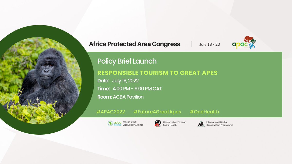 CTPH (@ctphuganda) on Twitter photo Mark your calendars!📣📣
Join us at IUCN Africa Protected Areas Congress <a href="/APA_Congress/">IUCN Africa Protected Areas Congress</a> in Kigali on 19th July 2022 as we launch the Policy Brief on Responsible Tourism to Great Apes.
Visit apacongress.africa/registration/ to register & youtube.com/channel/UCUw_k… to watch live. Mark your calendars!📣📣
Join us at IUCN Africa Protected Areas Congress <a href="/APA_Congress/">IUCN Africa Protected Areas Congress</a> in Kigali on 19th July 2022 as we launch the Policy Brief on Responsible Tourism to Great Apes.
Visit apacongress.africa/registration/ to register & youtube.com/channel/UCUw_k… to watch live.