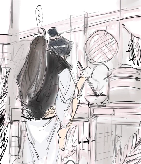 寝ぼけてるうぇいいんをおんぶしながら料理するらんじゃん描いてみたけどそもそも料理してる時はしなさそう いやするのか?やりかねないかもしれない 一周回ってわからなくなってきた 