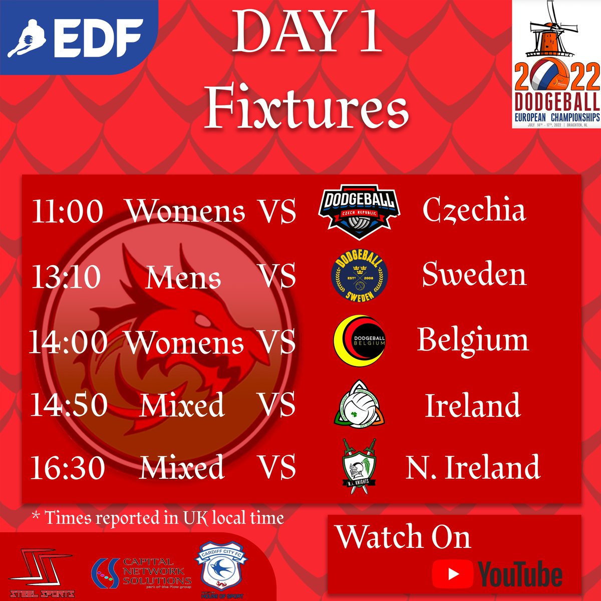 How to watch us at the Euros this week!
11:00 - W vs Czechia: bit.ly/3AJ10lf
13:10 - M vs Sweden: bit.ly/3AQpYz1
14:00 - W vs Belgium: bit.ly/3uIOeiA
14:50 - Mixed vs Ireland : bit.ly/3P6Mg3M
16:30 - Mixed vs N. Ireland: bit.ly/3o5G3sV