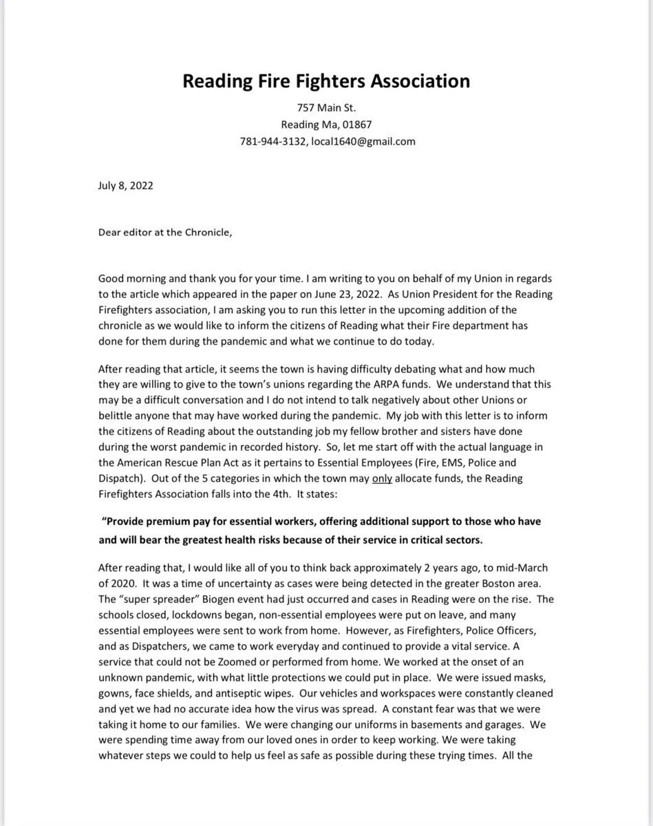 Readingfire's tweet photo. The community is deciding how to distribute ARPA funds. Attached is a letter to the editor of the Daily Times from our union that illustrates how Reading Firefighters rose to the challenge during the pandemic. We feel that is something that should be considered. https://t.co/5tkNErl0kt