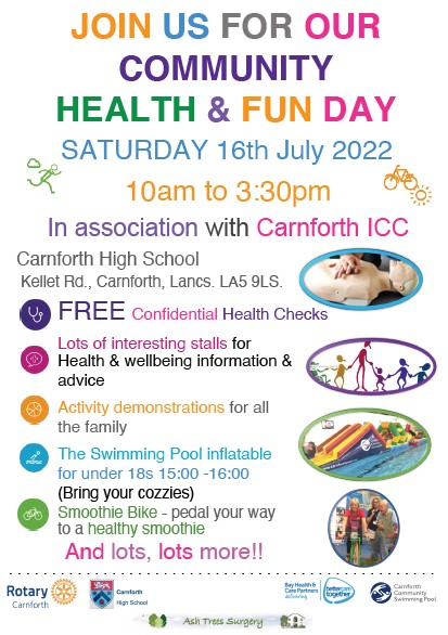 CarnforthICC's tweet image. Here&apos;s some more information about Carnforth Community Health and Fun Day, Sat 16th July 10am-3:30pm at Carnforth High School Sports Hall. 
Lots to see and do (and listen to🎶!)
🆓Entry to the event is free and all of the activities are free to join, no booking is necessary.