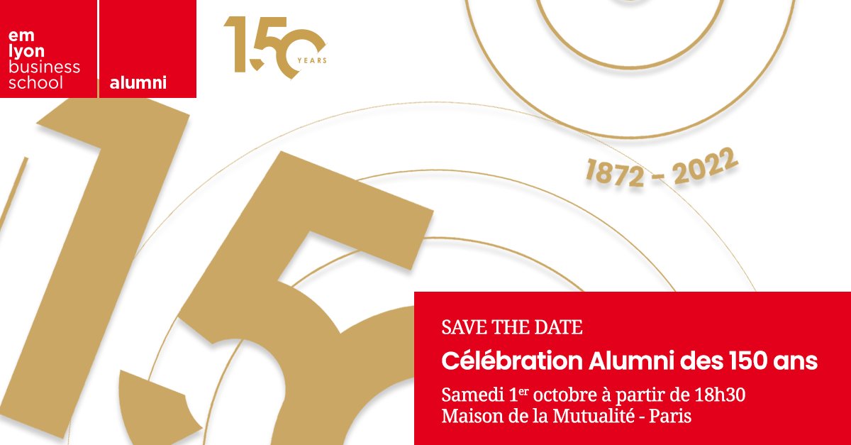 🎉 150 ans, cela se fête ! 
👨‍🎓👩‍🎓Diplômés d'<a href="/EMLYON/">emlyon business school</a>, venez célébrer cet événement historique samedi 1er octobre à Paris lors d’une soirée mémorable ! Inscrivez-vous dès à présent et mobilisez vos camarades de promos 👉 emlyonforever.com/events/86491
#emlyon #emlyonalumni #150ansemlyon
