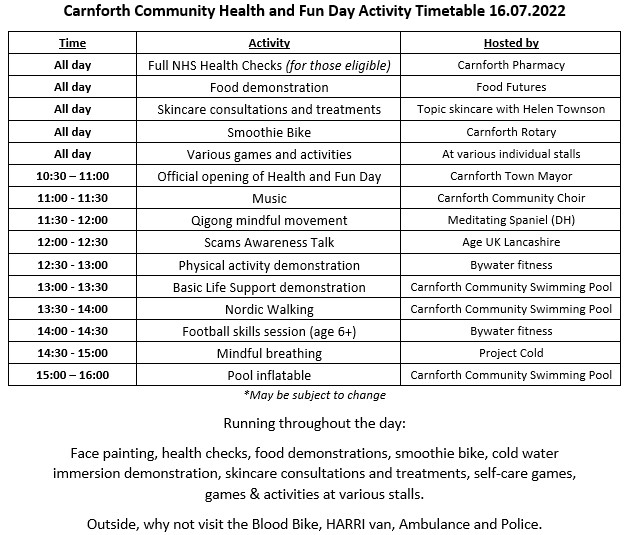 Here's some more information about Carnforth Community Health and Fun Day, Sat 16th July 10am-3:30pm at Carnforth High School Sports Hall. 
Lots to see and do (and listen to🎶!)
🆓Entry to the event is free and all of the activities are free to join, no booking is necessary.