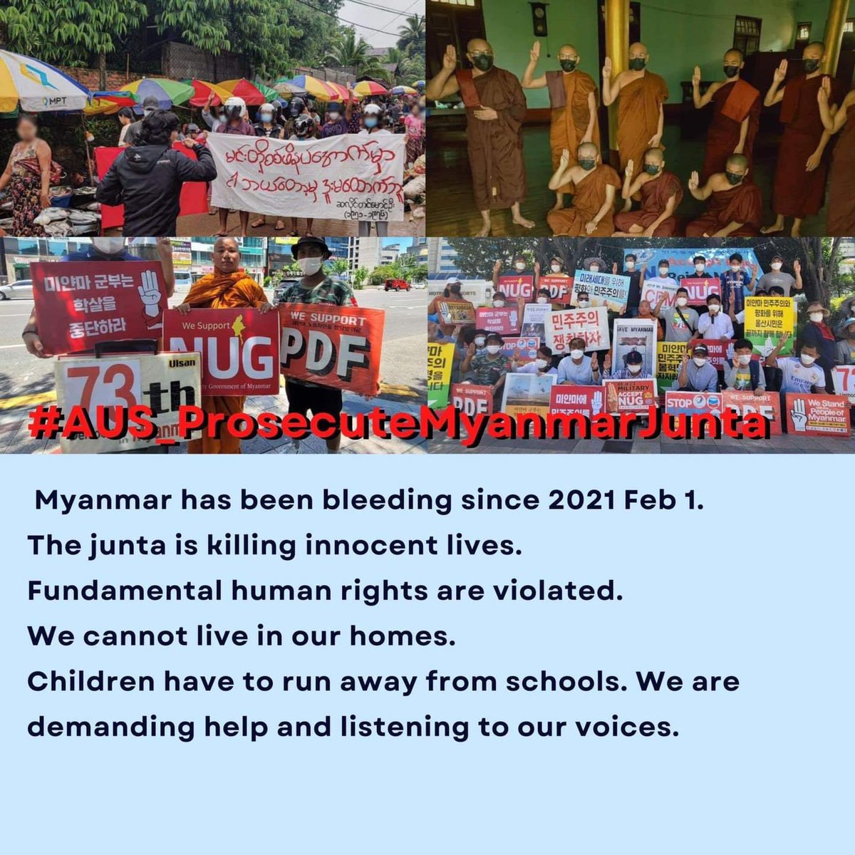 katycho22222's tweet photo. Myanmar has been bleeding since 2021 Feb1.The junta is killing innocent lives.Fundamental human rights are violated.We cannot live in our homes. Children have to run away from school.We’re demanding help&amp;to listen to our voices. #AUS_ProsecuteMyanmarJunta #AssertUJOnMyanmarJunta https://t.co/ilJT1MbRUG