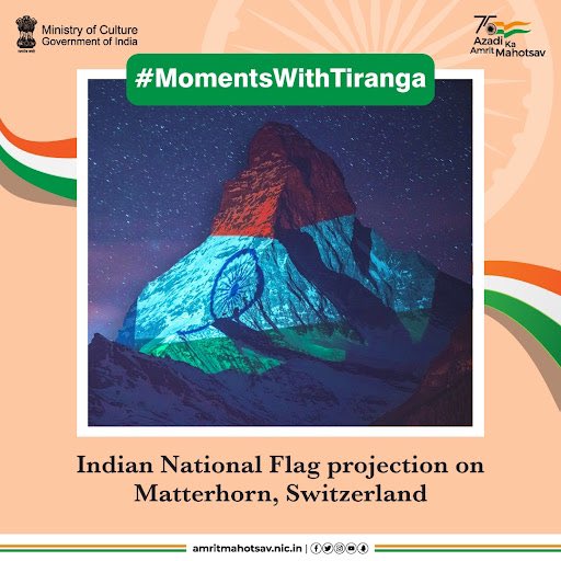 airnewsalerts's tweet photo. The Matterhorn mountain in Swiss Alps lit up in Tricolours in 2020 to send out a message of support &amp; solidarity for India in its fight against COVID-19 🇮🇳

#AmritMahotsav #MomentsWithTiranga #HarGharTiranga #MainBharatHoon #IndiaAt75 #ActionsAt75 https://t.co/5gs6Wjkc6l
