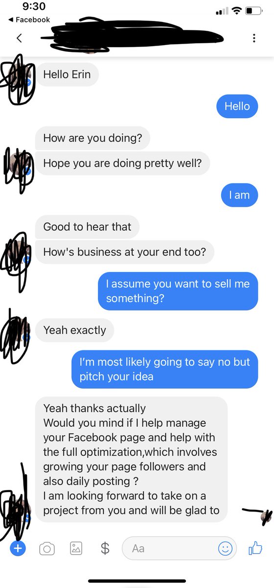 Random message my Facebook page received today. Maybe I was rude/curt but I hadn’t had coffee yet and just wasn’t in the mood. 
🙄🤦🏻‍♀️😬😬😬