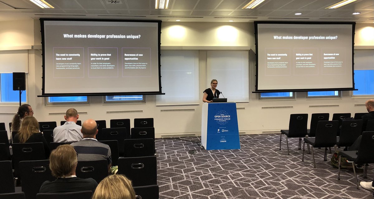 FINOSFoundation's tweet photo. How to get them to commit? What makes the #developer profession unique? with @elena_lape #osfflondon #osfinserv https://t.co/GStBnjvpN9