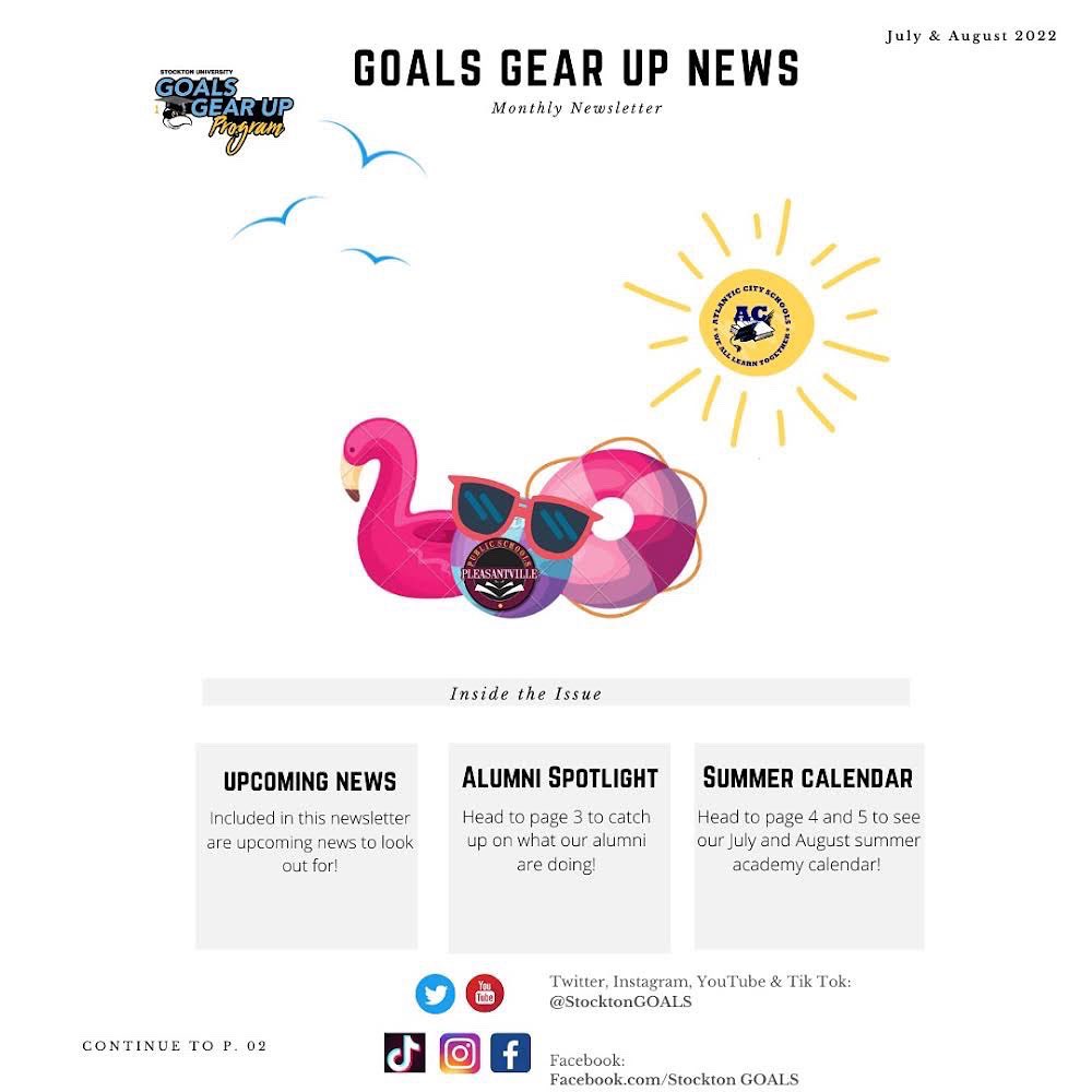 StocktonGOALS's tweet photo. ⛱We hope everyone has been having a great summer!☀️Look into the July/August newsletter to keep track of important dates for the summer program, to learn more about what our alumni are doing, and to have the QR code for the fall academy application! 📢 #WeAreGoals #StocktonU https://t.co/5n7mdKfYEl