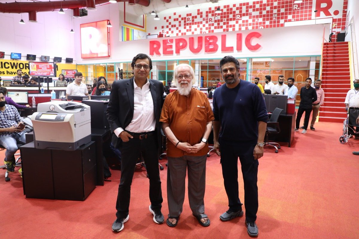 republic's tweet photo. Arnab: It was such a pleasure to have personally met @NambiNOfficial and my old friend, the talented @ActorMadhavan, and hosted them at the Republic Studios! The truth always prevails &amp; may it always be told vociferously and as powerfully. #NationWantsToKnow https://t.co/duh5Lc4HPz