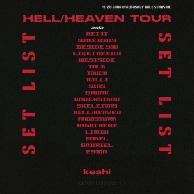 KESHI_INA's tweet photo. keshi - HELL/HEAVEN Tour Set List

Yuk boleh dilirik set list buat “keshi’s HELL/HEAVEN Asia Tour (Jakarta)” tanggal 28 November 2022 nanti. Gimana udah pada hapal belum?

https://t.co/IqMUgoJZaX
cr. keshiupdates

#HHJakarta #HELLHEAVENTour #keshi #keshimusic https://t.co/ze5V99a2x0