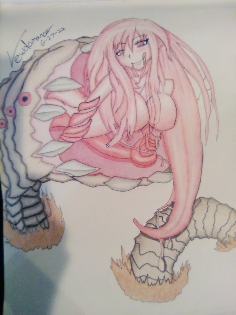 lewdomancer's tweet photo. For my umpteenth return to Twitter, I'll post some physical drawings I've done (because my tablet broke 😾) 

First up, monster girls! Here is Sandworm-chan. https://t.co/dxxpJkmssI